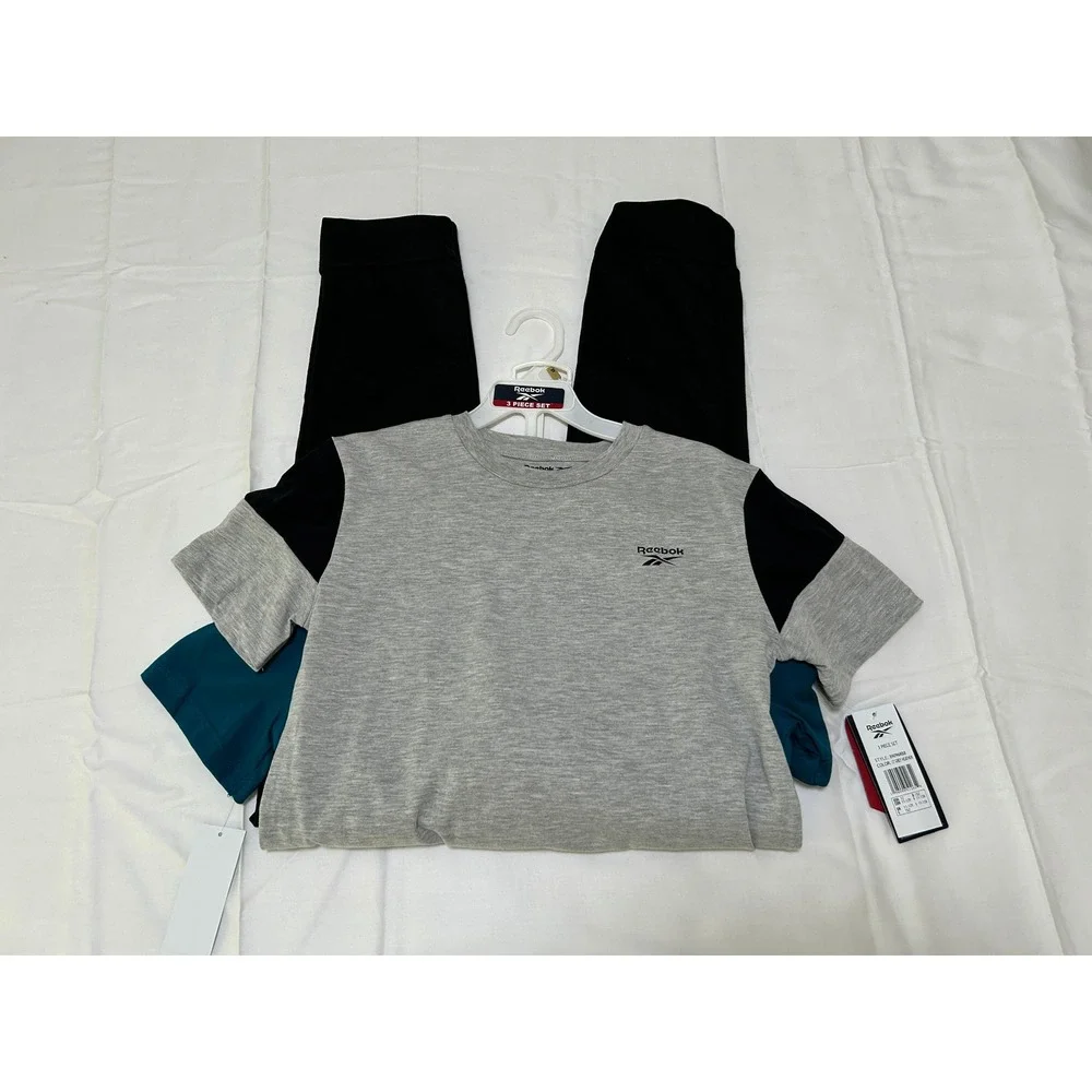Reebok Kids Boys 3 Piece Set Grey Teal Black Shirts and Jogger Pants Size 12 New